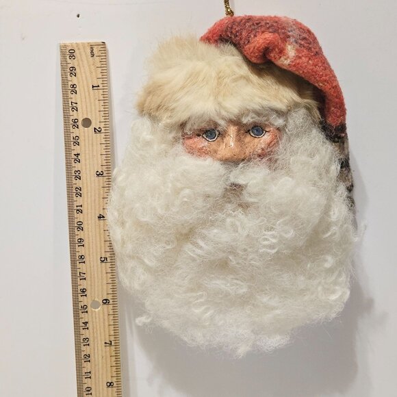 Vtg 7" Paper Mache Santa Face Ornament Wool Beard Rabbit Fur Trim Fabric Hat - Picture 9 of 10